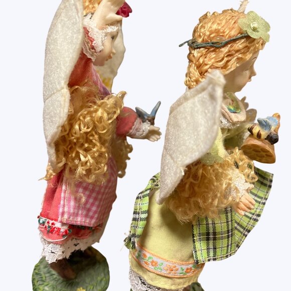 Decorative Angel Fairy Figurines Set With Gingham & Plaid Dresses Felt Wings - Picture 5 of 13